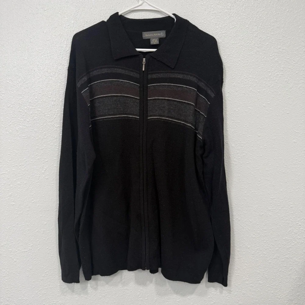 Banana Republic Mens XL Full Zip 100% Wool Sweater Striped Long Sleeve Knit